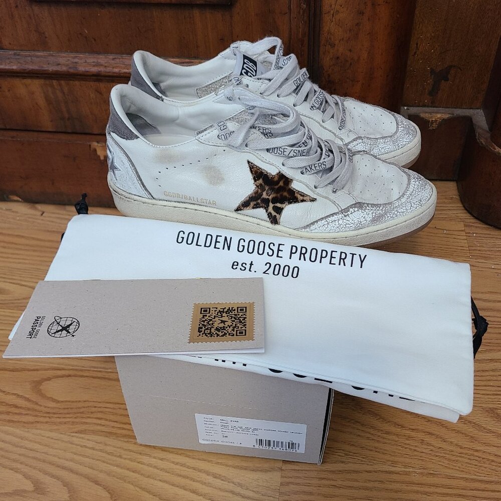 GOLDEN GOOSE BALL STAR SNEAKERS WHITE LEATHER CRACK TOE LEOPARD STAR sz 38
